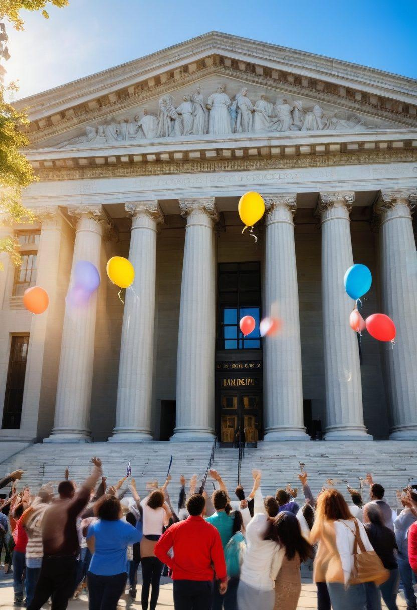 A serene scene depicting a diverse group of individuals joyfully celebrating in front of the United States Bankruptcy Court building, with banners reading 'Financial Recovery' and 'Debt Discharge Solutions'. The atmosphere is uplifting with bright sunlight and balloons in the air, symbolizing hope and new beginnings. Include elements like open books and paperwork symbolizing advice and legal navigations. super-realistic. vibrant colors. warm tones.
