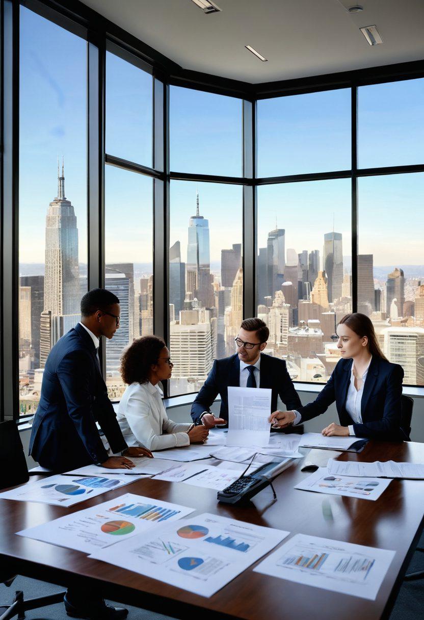 A dynamic scene depicting a diverse group of professionals in a modern office, engaged in a strategy session around a large table filled with financial documents, laptops, and legal books. A confident lawyer is providing advice while a coach guides a client through financial decisions, all set against a backdrop of a city skyline through large windows, symbolizing transparency and growth. The atmosphere is energetic and collaborative, with charts and graphs showcased on a digital screen. super-realistic. vibrant colors. modern office setting.