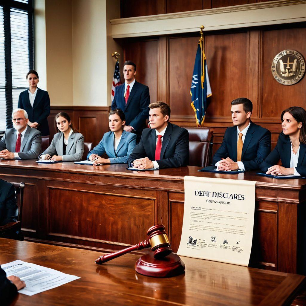 A visually appealing courtroom scene depicting a diverse group of people seeking guidance, with a large banner in the background reading 'Debt Discharge Solutions'. Include symbols like gavel, scales of justice, and financial documents scattered on a polished wooden table. The atmosphere should convey hope and optimism, with warm lighting highlighting the solemn yet empowering moment. Vibrant colors. super-realistic.